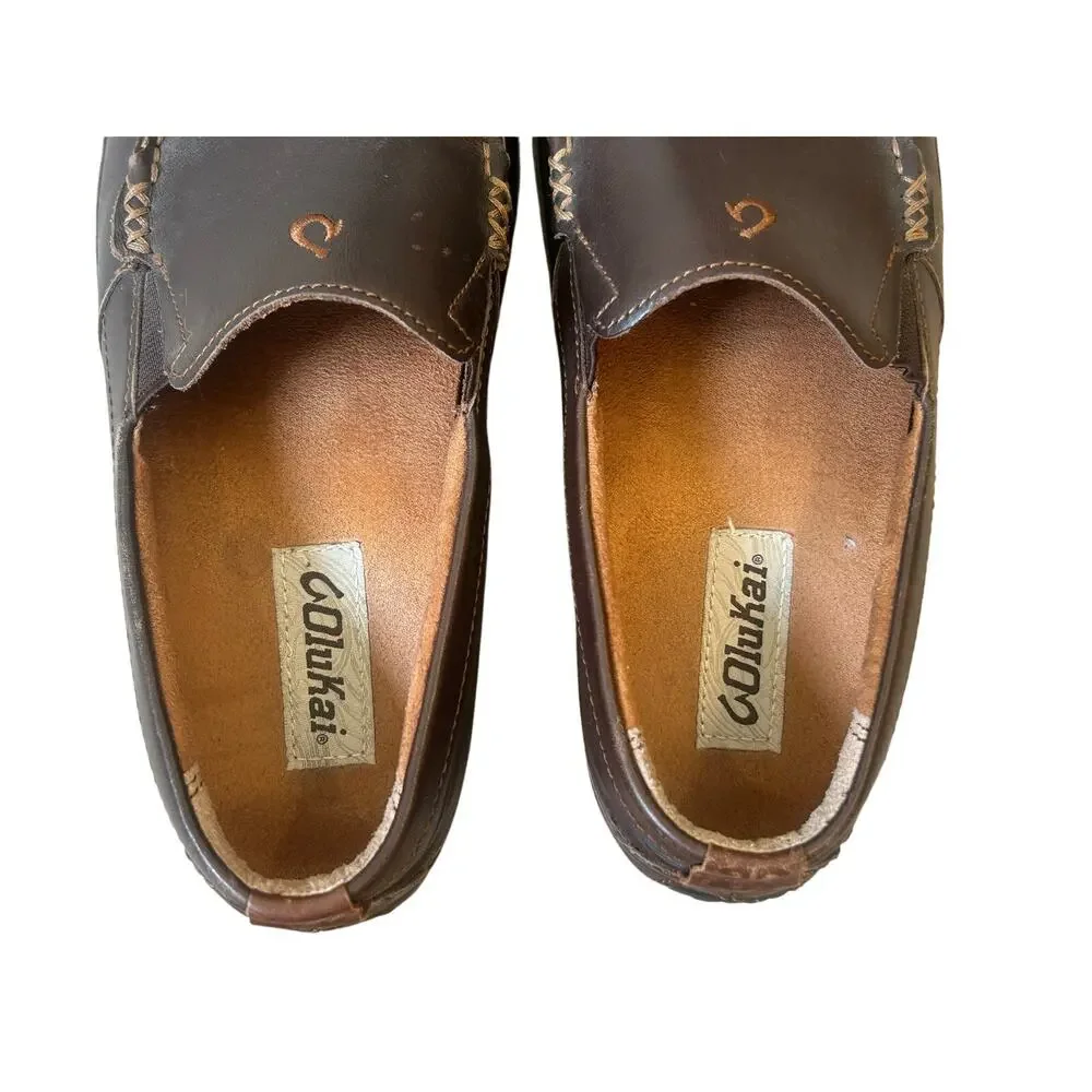 OluKai Akepa Moc Men’s 8 Brown Leather Slip On Loafers Moccasin Shoes